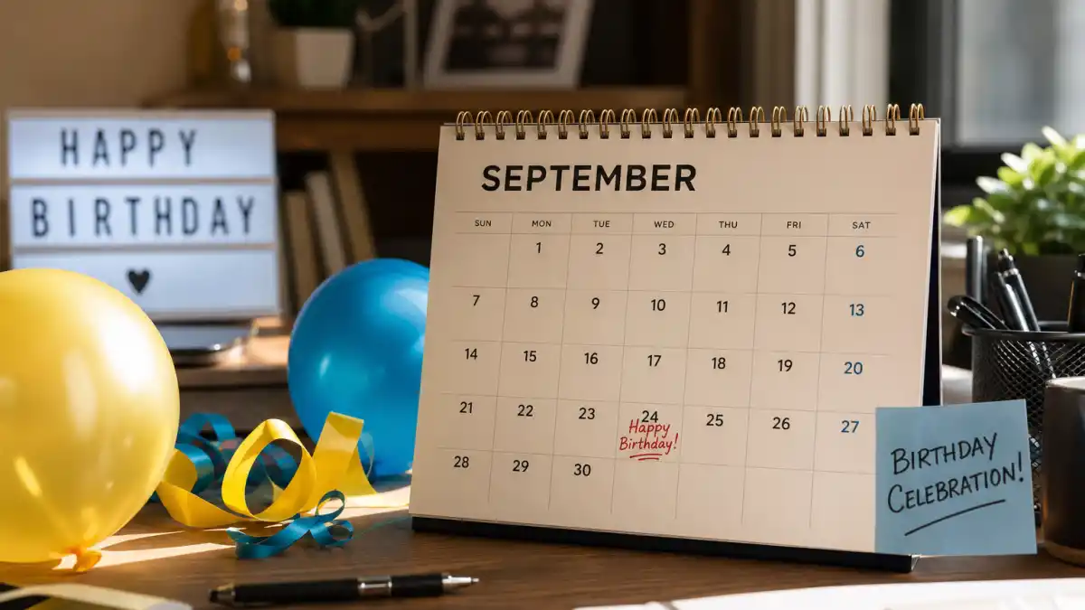 How old is Idris Elba — desk calendar open to September with birthday decorations marking his Virgo birth date
