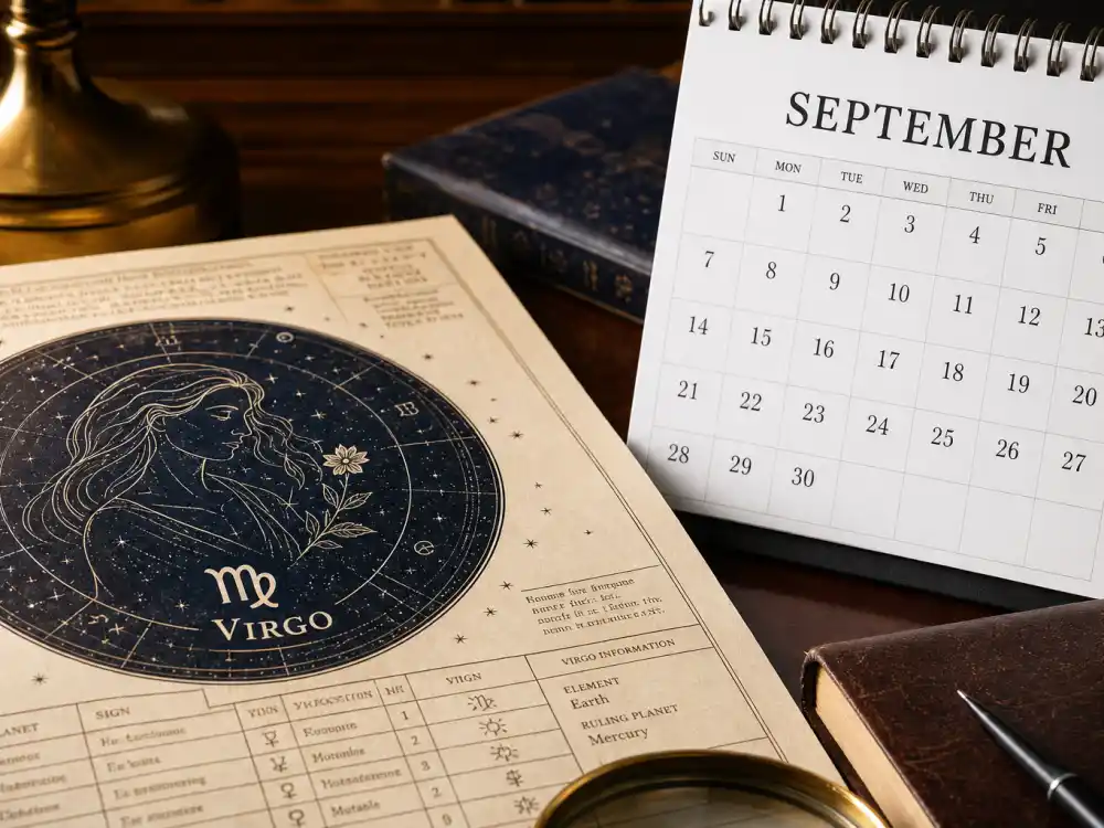 Virgo zodiac chart beside September calendar for how old is Idris Elba — September 6 birth date places him under the Virgo sign in Western astrology