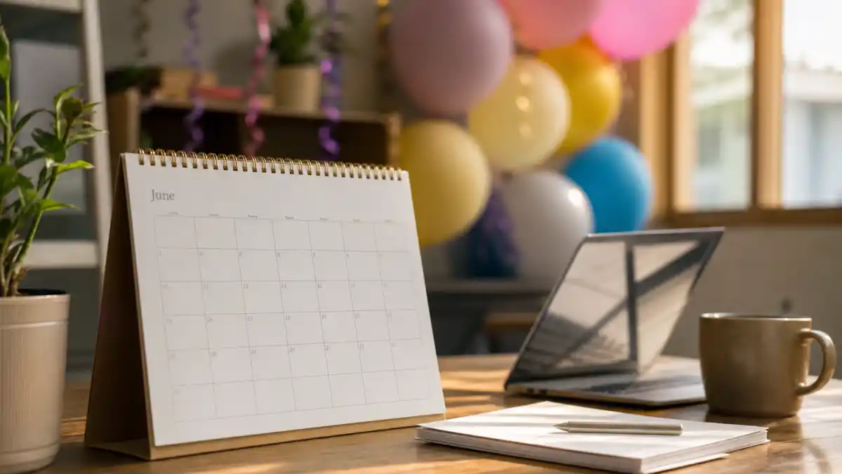 How old is Jacob Elordi — desk calendar open to June with birthday decorations marking his Cancer birth date