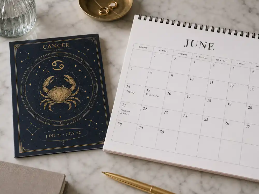 Cancer zodiac chart beside June calendar for how old is Jacob Elordi — June 26 birth date places him under the Cancer sign in Western astrology