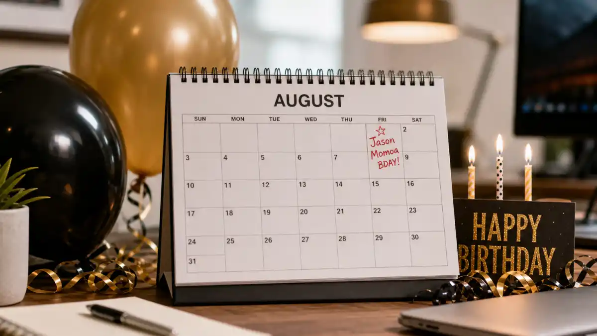How old is Jason Momoa — desk calendar open to August with birthday decorations marking his Leo birth date