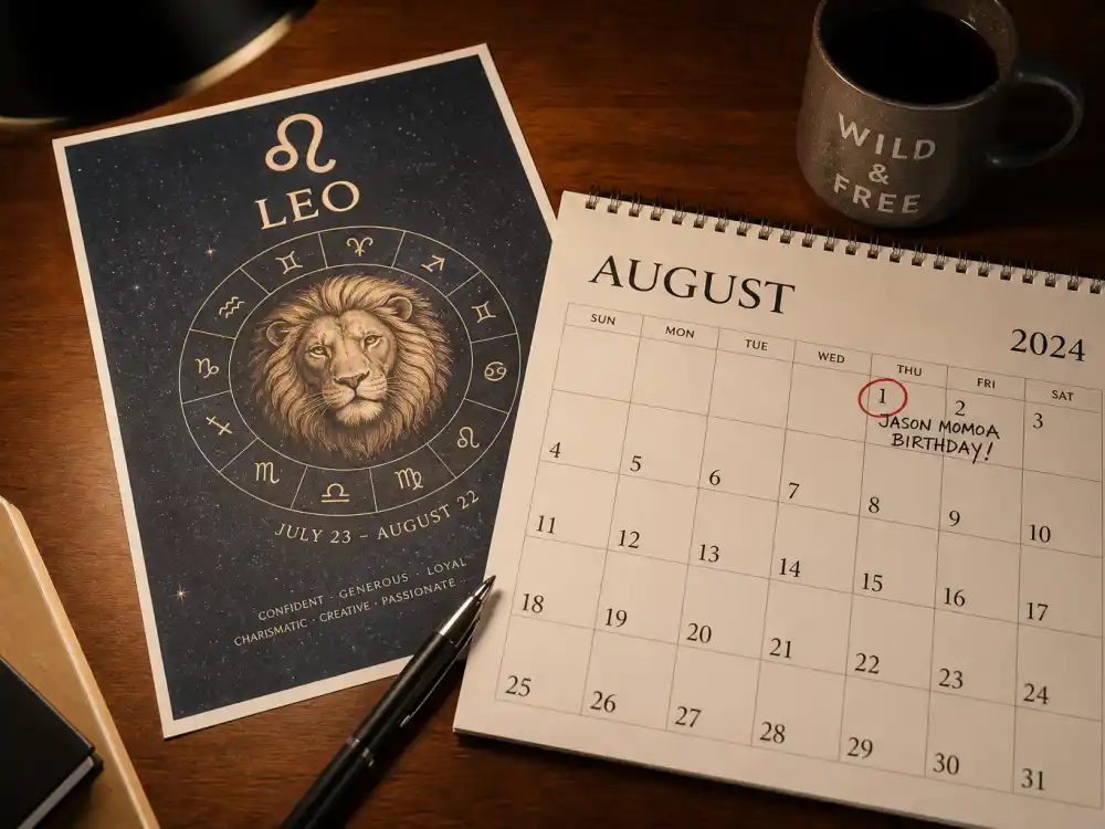 Leo zodiac chart beside August calendar for how old is Jason Momoa — August 1 birth date places him under the Leo sign in Western astrology