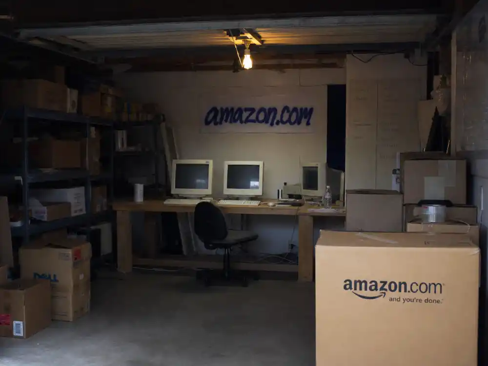 Suburban garage startup workspace reflecting how old is Jeff Bezos at age thirty when he founded Amazon from a Bellevue garage in 1994