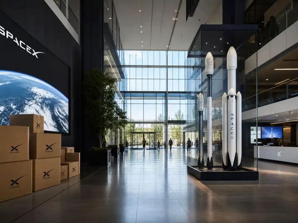 Modern tech headquarters lobby reflecting how old is Jeff Bezos at industry peak — Amazon empire, Blue Origin space ventures, and executive chairman era in his sixties