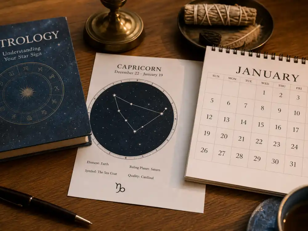 Capricorn zodiac chart beside January calendar for how old is Jeff Bezos — January 12 birth date places him under the Capricorn sign in Western astrology