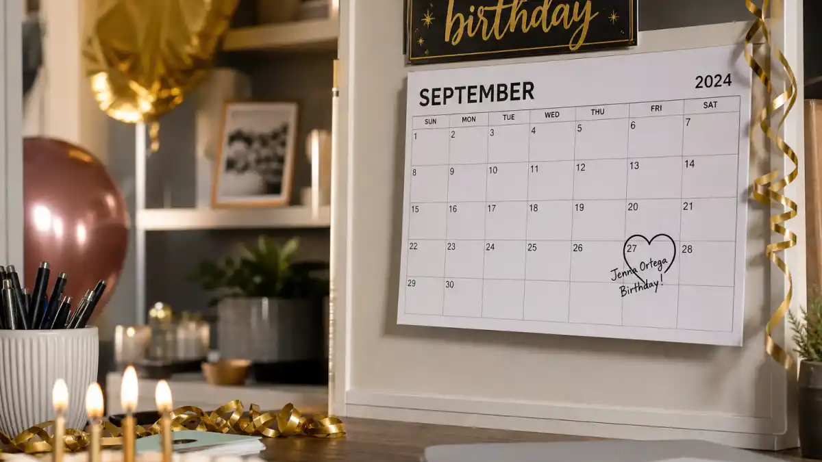 How old is Jenna Ortega — desk calendar open to September with birthday decorations marking her Libra birth date