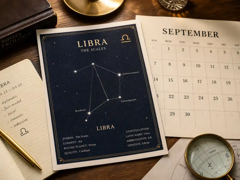 Libra zodiac chart beside September calendar for how old is Jenna Ortega — September 27 birth date places her under the Libra sign in Western astrology