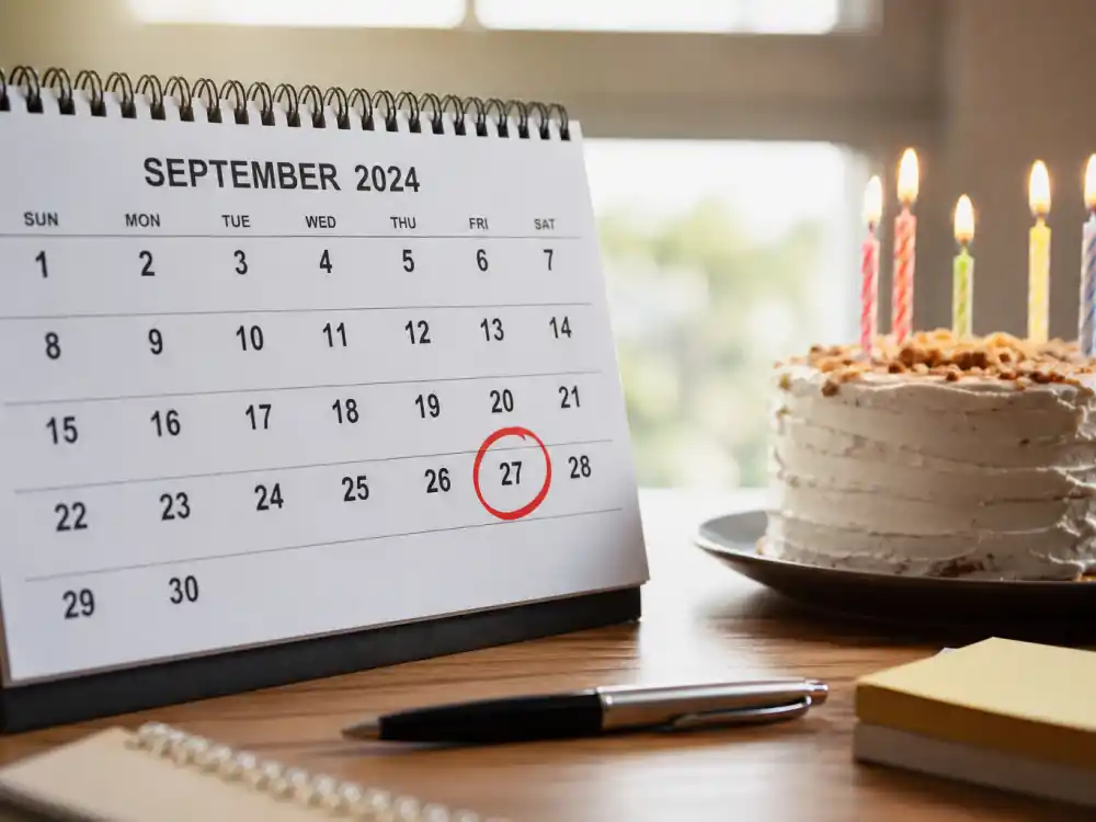 September 27 birthday calendar and candles marking how old is Jenna Ortega each year when fans celebrate her Libra birth date