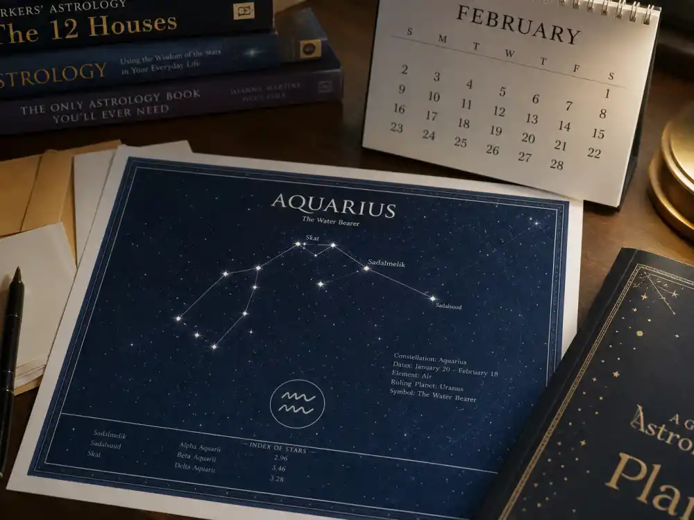 Aquarius zodiac chart beside February calendar for how old is Jennifer Aniston — February 11 birth date places her under the Aquarius sign in Western astrology