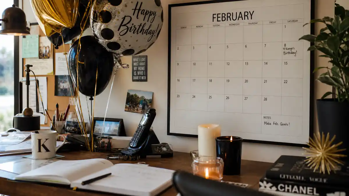 How old is Jennifer Aniston — desk calendar open to February with birthday decorations marking her Aquarius birth date