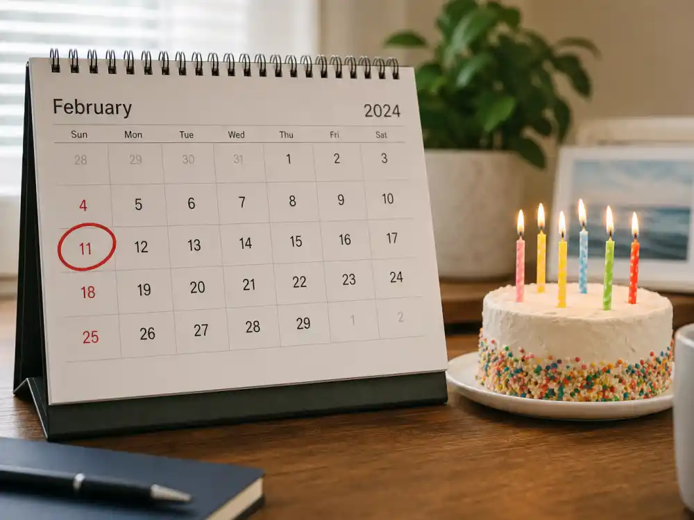 February 11 birthday calendar and candles marking how old is Jennifer Aniston each year when fans celebrate her Aquarius birth date