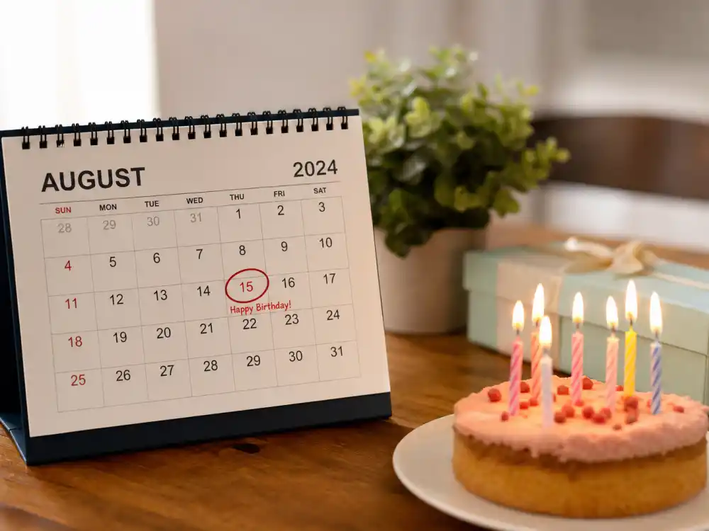 August 15 birthday calendar and candles marking how old is Jennifer Lawrence each year when fans celebrate her Leo birth date