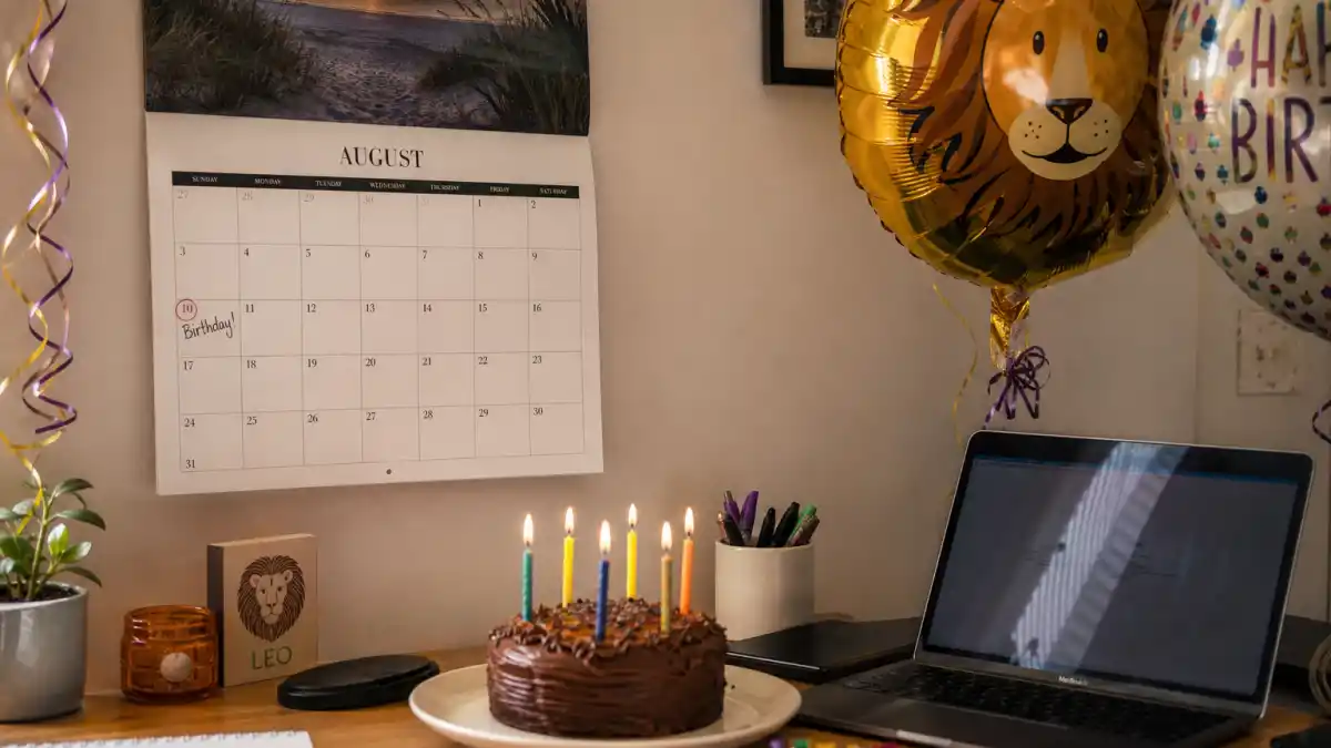 How old is Jennifer Lawrence — desk calendar open to August with birthday decorations marking her Leo birth date