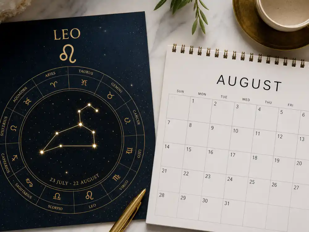 Leo zodiac chart beside August calendar for how old is Jennifer Lawrence — August 15 birth date places her under the Leo sign in Western astrology