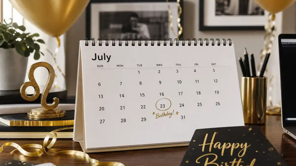 How old is Jennifer Lopez — desk calendar open to July with Leo zodiac decorations marking her birthday birth date
