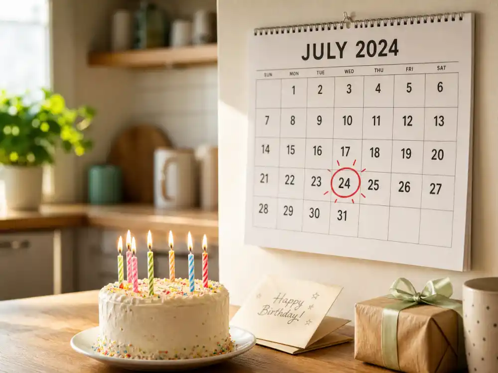 July 24 birthday calendar and candles marking how old is Jennifer Lopez each year when fans celebrate her Leo birth date