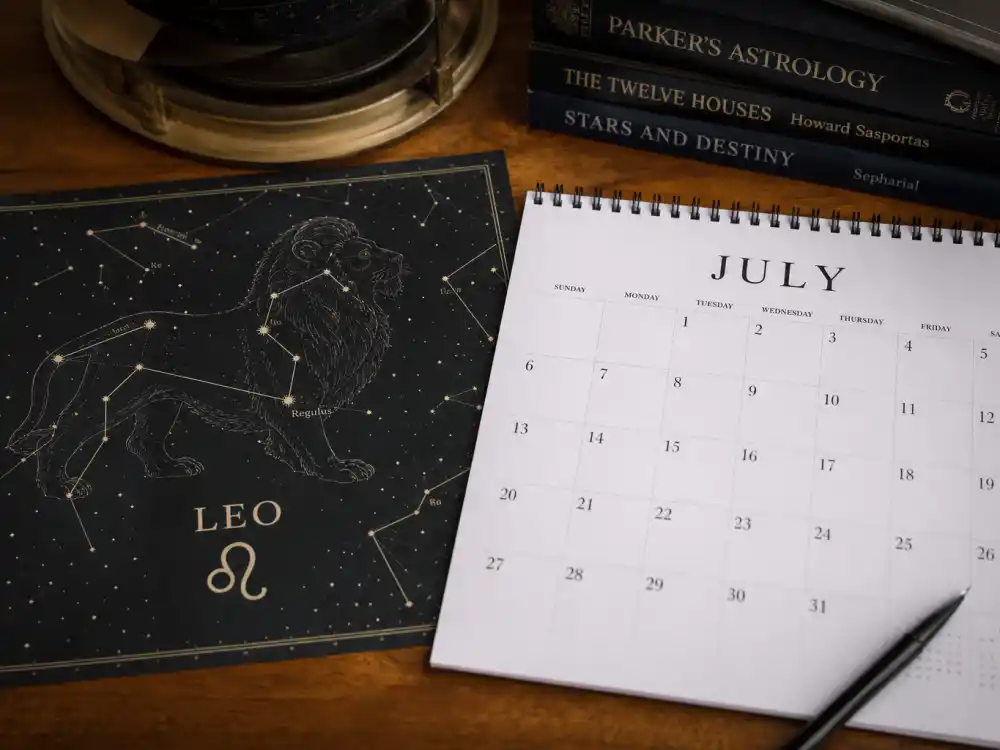 Leo zodiac chart beside July calendar for how old is Jennifer Lopez — July 24 birth date places her under the Leo sign in Western astrology