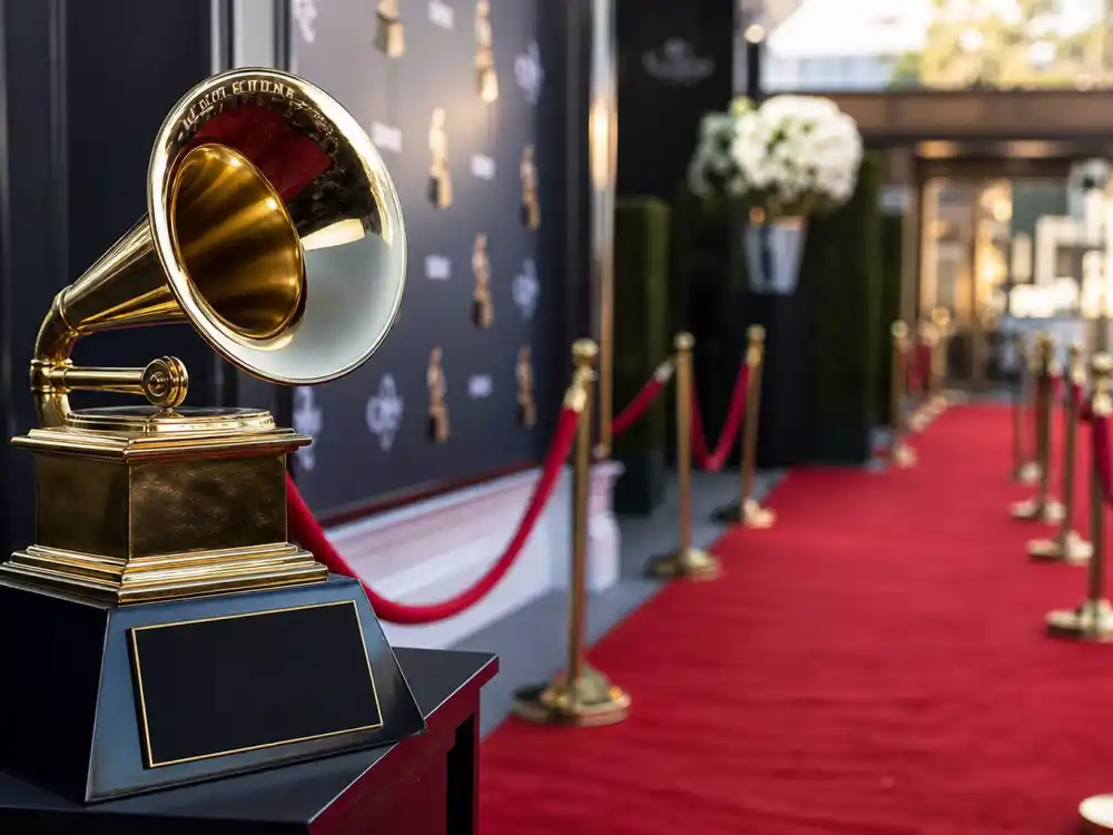 Grammy trophy and red carpet premiere display reflecting how old is Jennifer Lopez at industry peak — triple-threat icon status across music, film, and television in her fifties