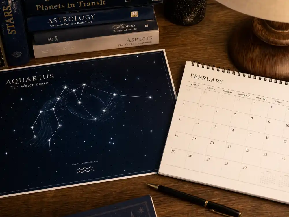 Aquarius zodiac chart beside February calendar for how old is Jeremy Allen White — February 17 birth date places him under the Aquarius sign in Western astrology