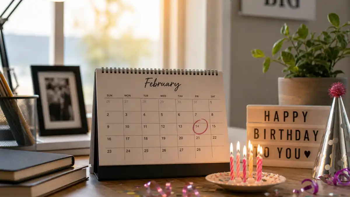 How old is Jeremy Allen White — desk calendar open to February with birthday decorations marking his Aquarius birth date