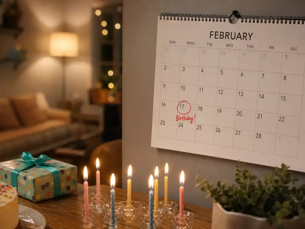 February 17 birthday calendar and candles marking how old is Jeremy Allen White each year when fans celebrate his Aquarius birth date