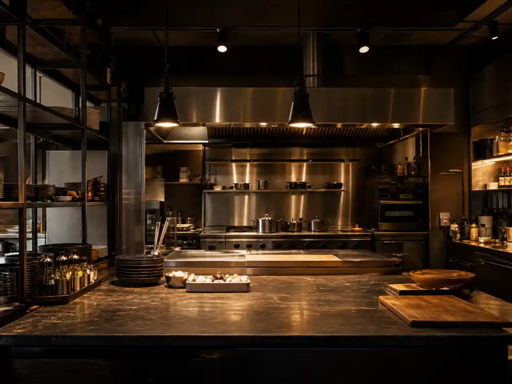 Professional restaurant kitchen set reflecting how old is Jeremy Allen White career arc from Brooklyn roots to Emmy-winning prestige television stardom across Shameless and The Bear
