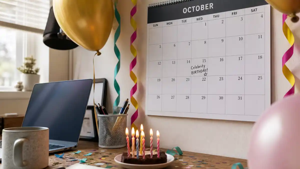 How old is John Krasinski — desk calendar open to October with birthday decorations marking his Libra birth date