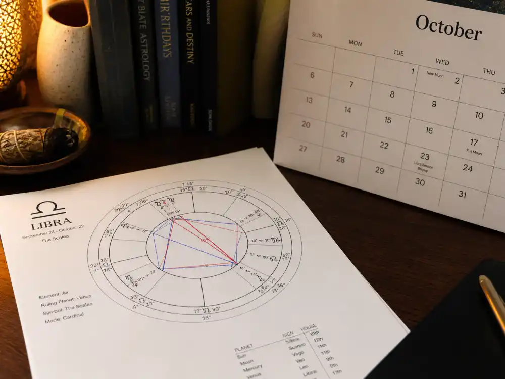 Libra zodiac chart beside October calendar for how old is John Krasinski — October 20 birth date places him under the Libra sign in Western astrology