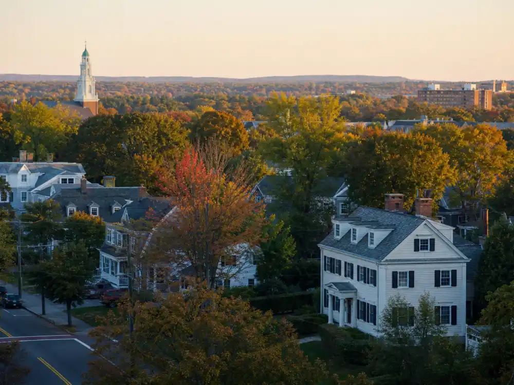 Newton Massachusetts suburban skyline evoking how old is John Krasinski birthplace — the city where John Krasinski was born on October 20, 1979
