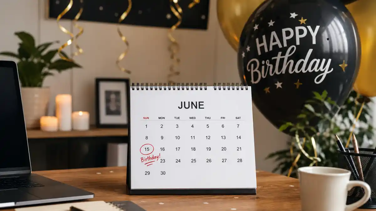How old is Johnny Depp — desk calendar open to June with birthday decorations marking his Gemini birth date