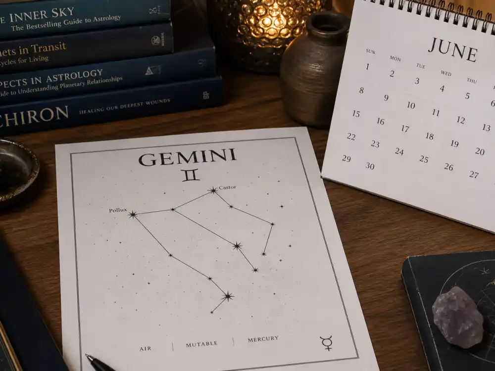 Gemini zodiac chart beside June calendar for how old is Johnny Depp — June 9 birth date places him under the Gemini sign in Western astrology