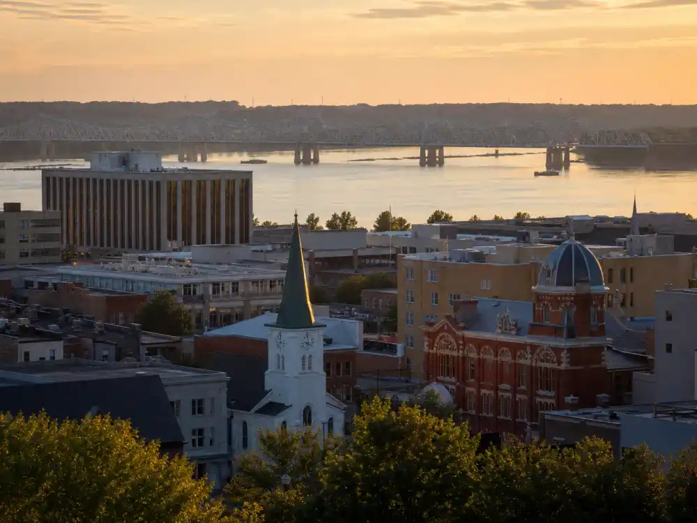 Owensboro Kentucky downtown skyline evoking how old is Johnny Depp birthplace — the city where John Christopher Depp II was born on June 9, 1963
