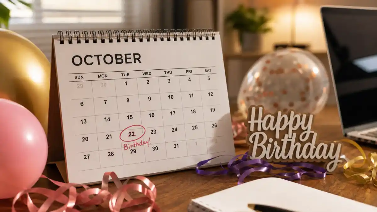 How old is Julia Roberts — desk calendar open to October with birthday decorations marking her Scorpio birth date