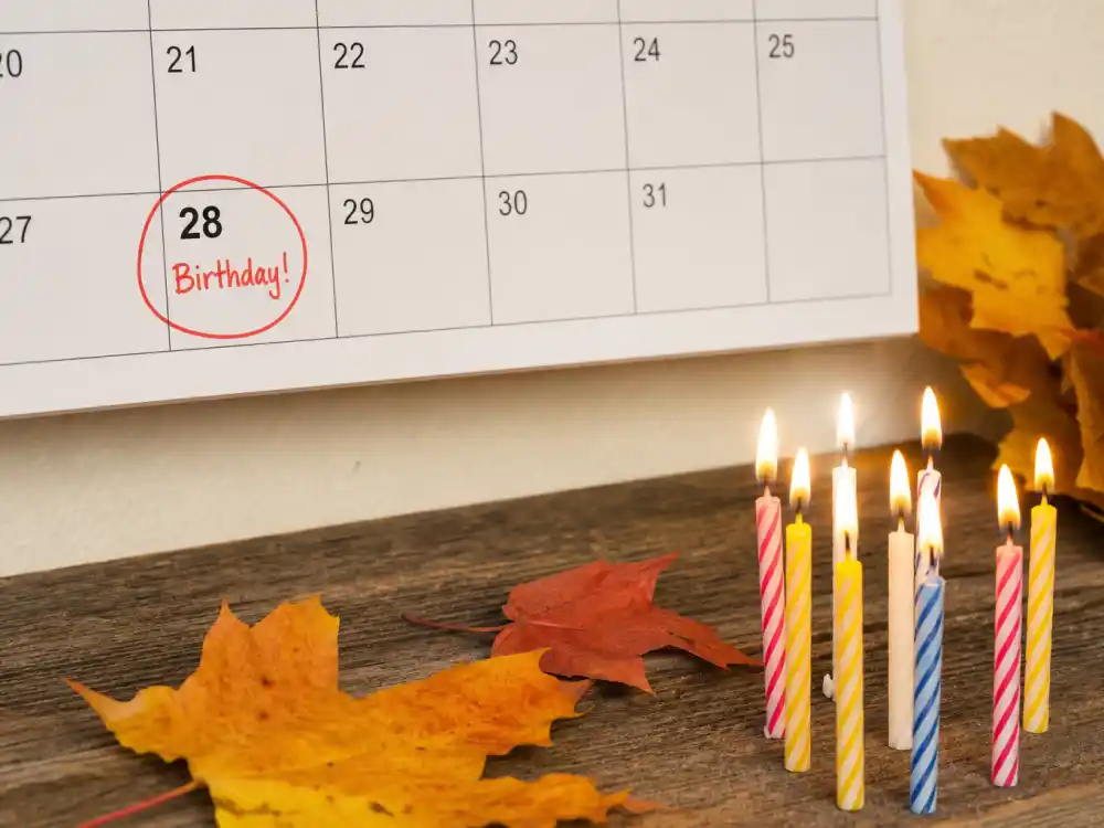 October 28 birthday calendar and candles marking how old is Julia Roberts each year when fans celebrate her Scorpio birth date