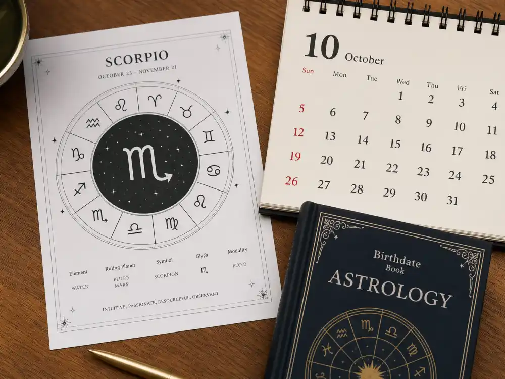 Scorpio zodiac chart beside October calendar for how old is Julia Roberts — October 28 birth date places her under the Scorpio sign in Western astrology