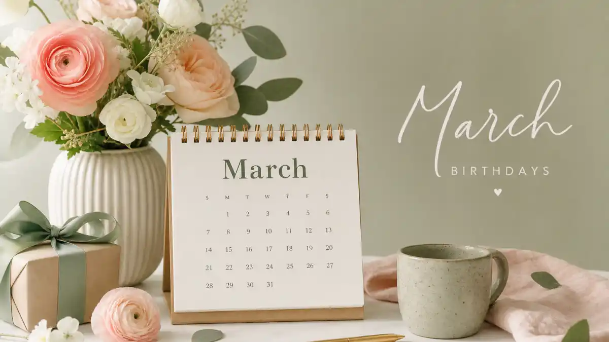 How old is Justin Bieber — desk calendar open to March with birthday decorations marking his Pisces birth date