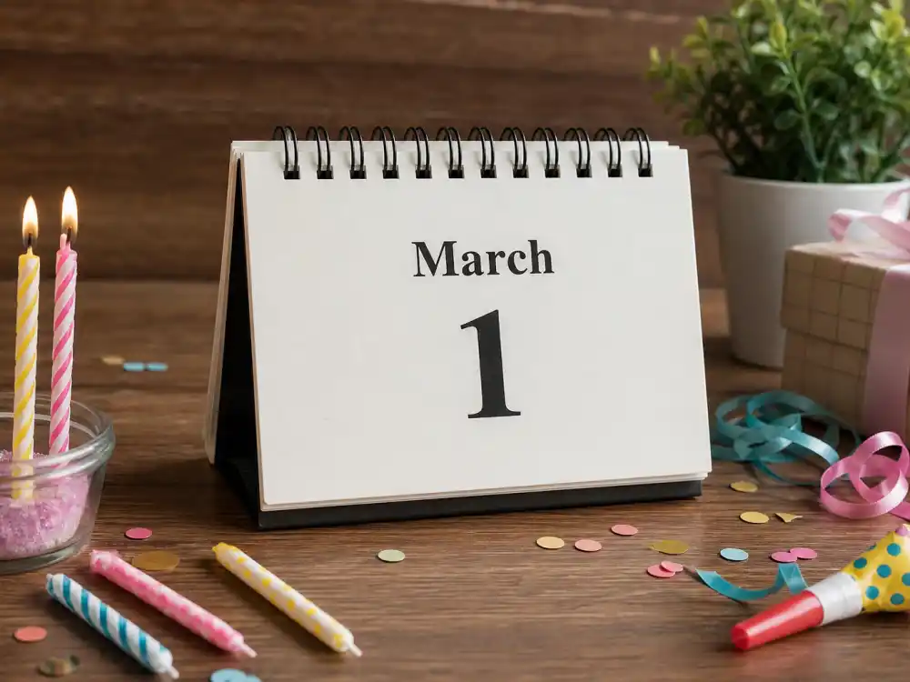 March 1 birthday calendar and candles marking how old is Justin Bieber each year when fans celebrate his Pisces birth date