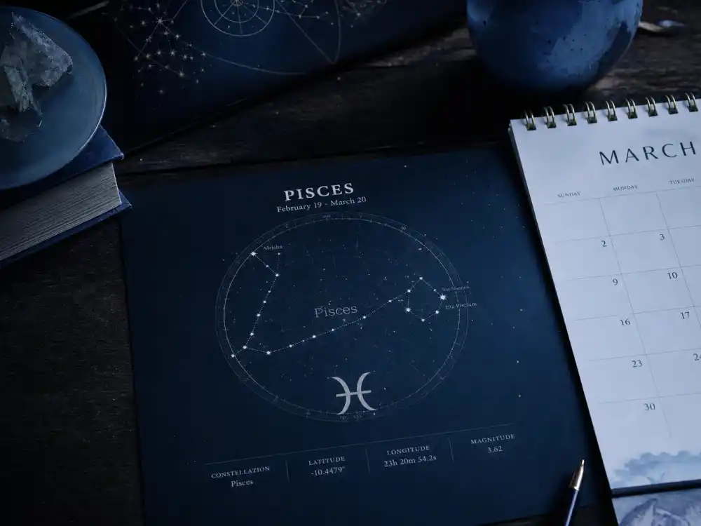 Pisces zodiac chart beside March calendar for how old is Justin Bieber — March 1 birth date places him under the Pisces sign in Western astrology