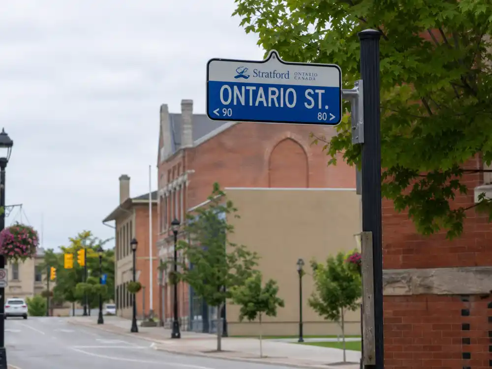 Stratford Ontario street sign evoking how old is Justin Bieber upbringing — the small Canadian town where he grew up after his London birth