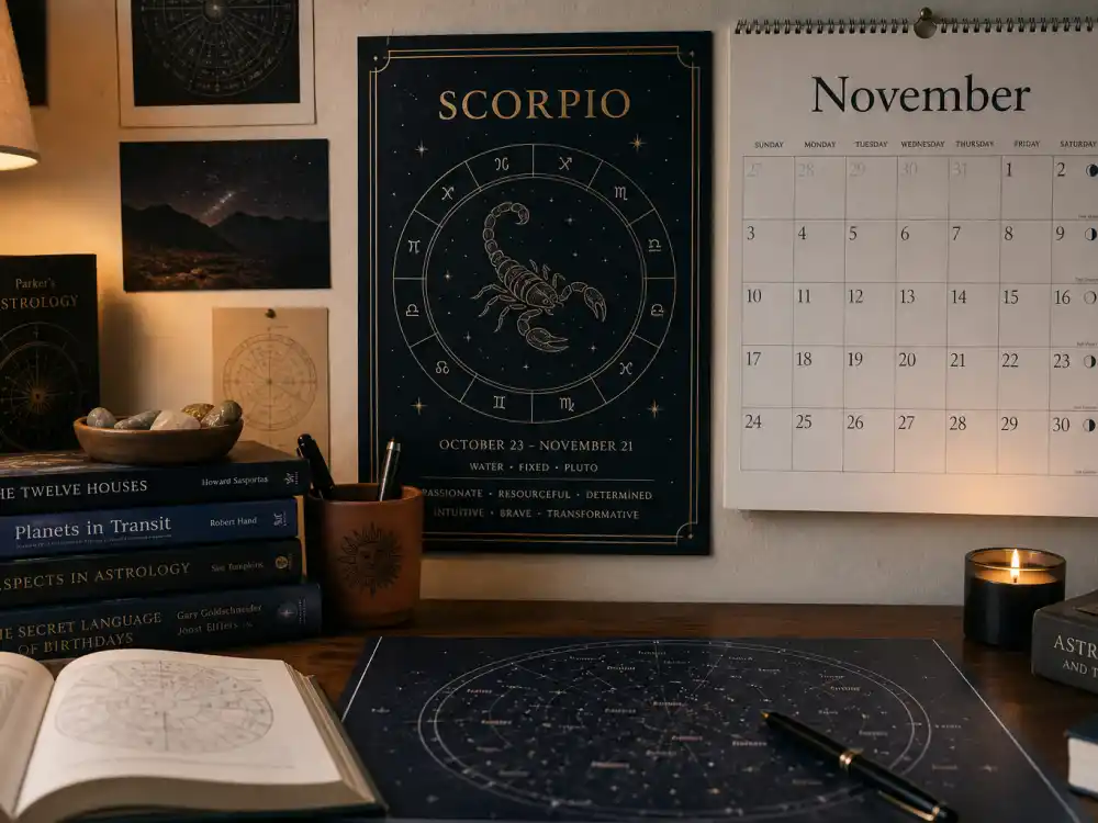 Scorpio zodiac chart beside November calendar for how old is Kendall Jenner — November 3 birth date places her under the Scorpio sign in Western astrology