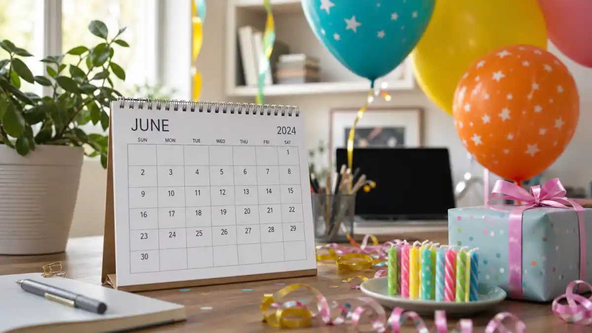 How old is Kendrick Lamar — desk calendar open to June with birthday decorations marking his Gemini birth date