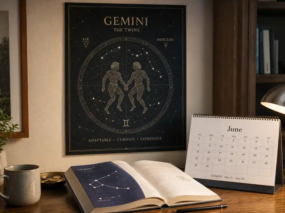 Gemini zodiac chart beside June calendar for how old is Kendrick Lamar — June 17 birth date places him under the Gemini sign in Western astrology