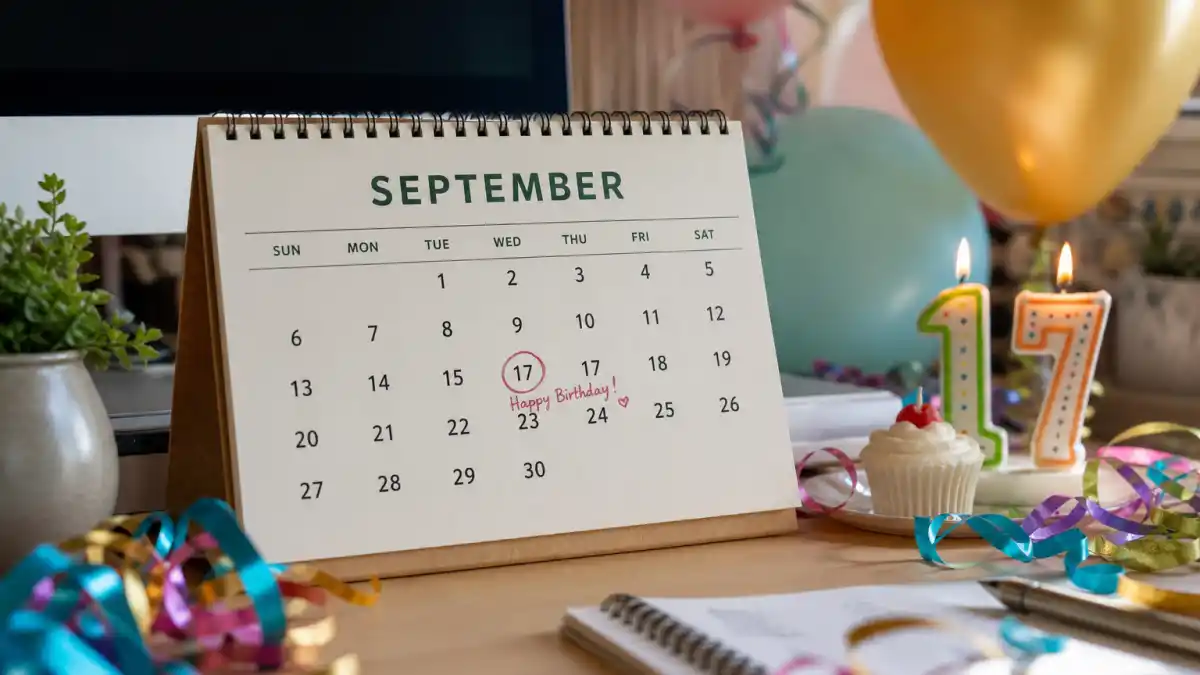 How old is Kevin Durant — desk calendar open to September with birthday decorations marking his Libra birth date