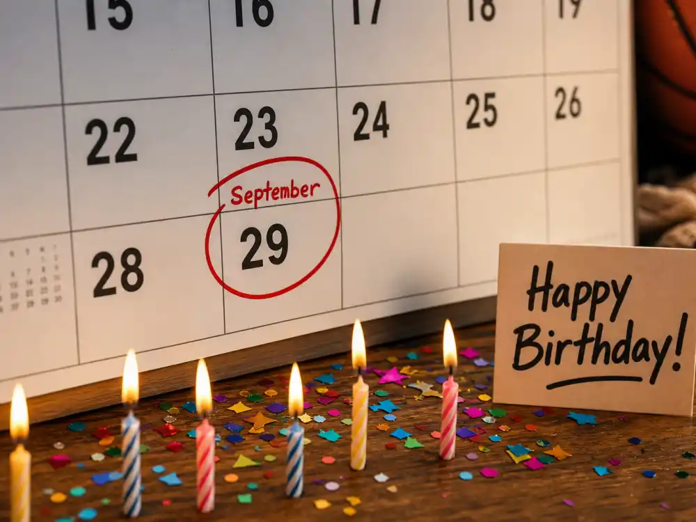 September 29 birthday calendar and candles marking how old is Kevin Durant each year when fans celebrate his Libra birth date
