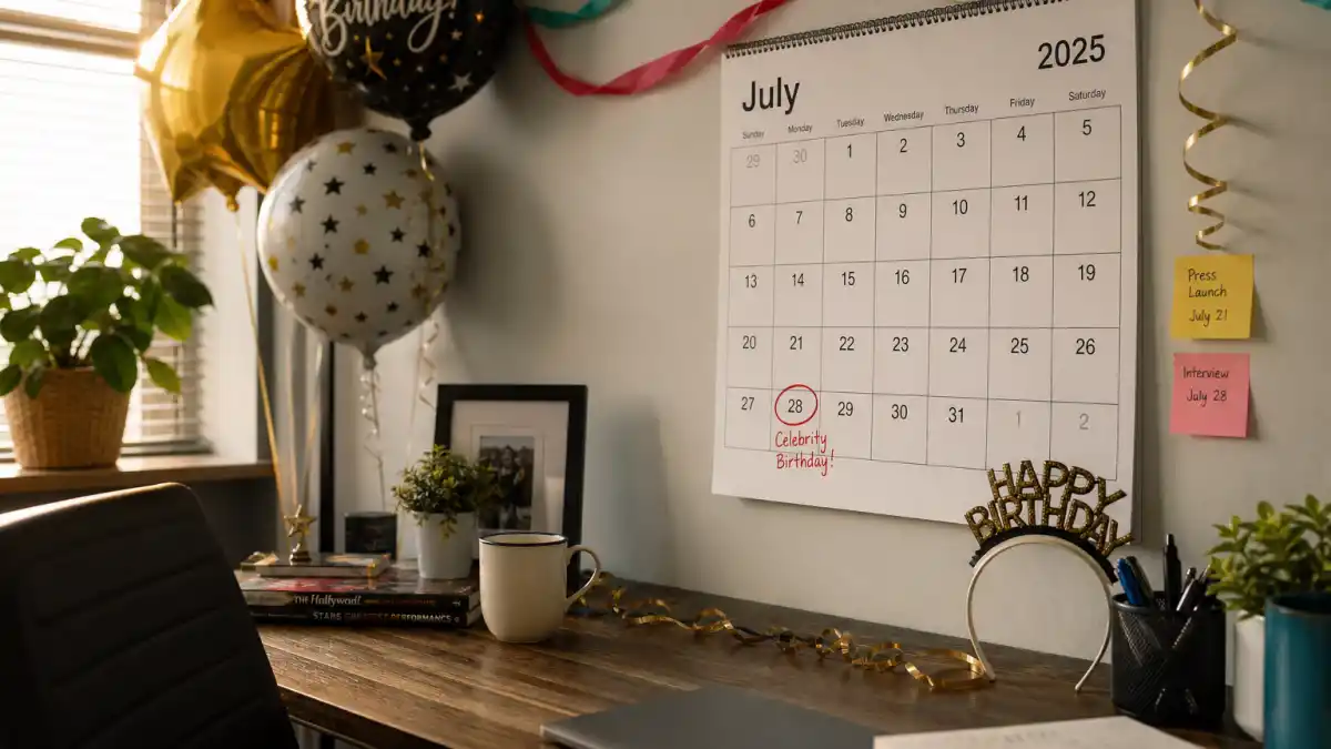 How old is Kevin Hart — desk calendar open to July with birthday decorations marking his Cancer birth date