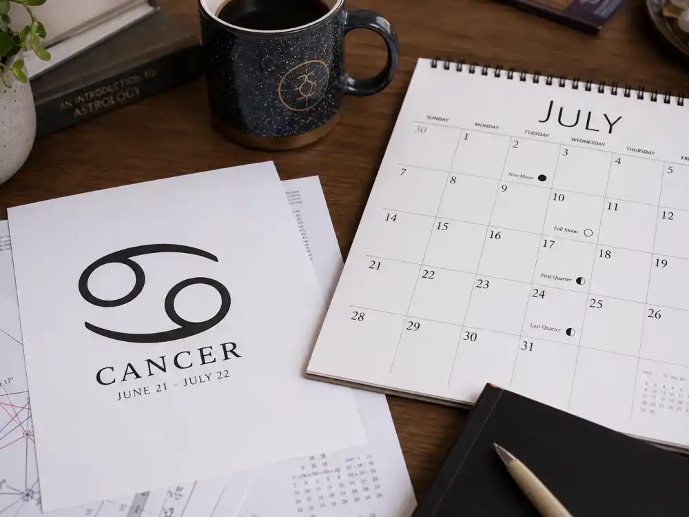 Cancer zodiac chart beside July calendar for how old is Kevin Hart — July 6 birth date places him under the Cancer sign in Western astrology