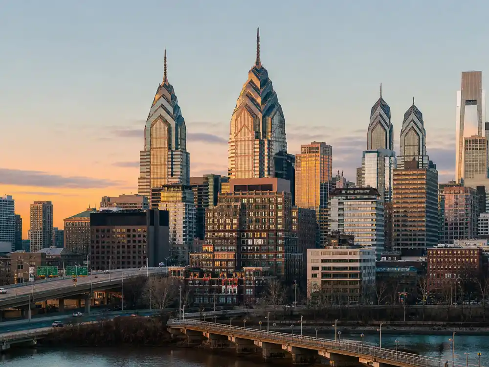 Philadelphia Pennsylvania skyline evoking how old is Kevin Hart birthplace — the city where Kevin Darnell Hart was born on July 6, 1979