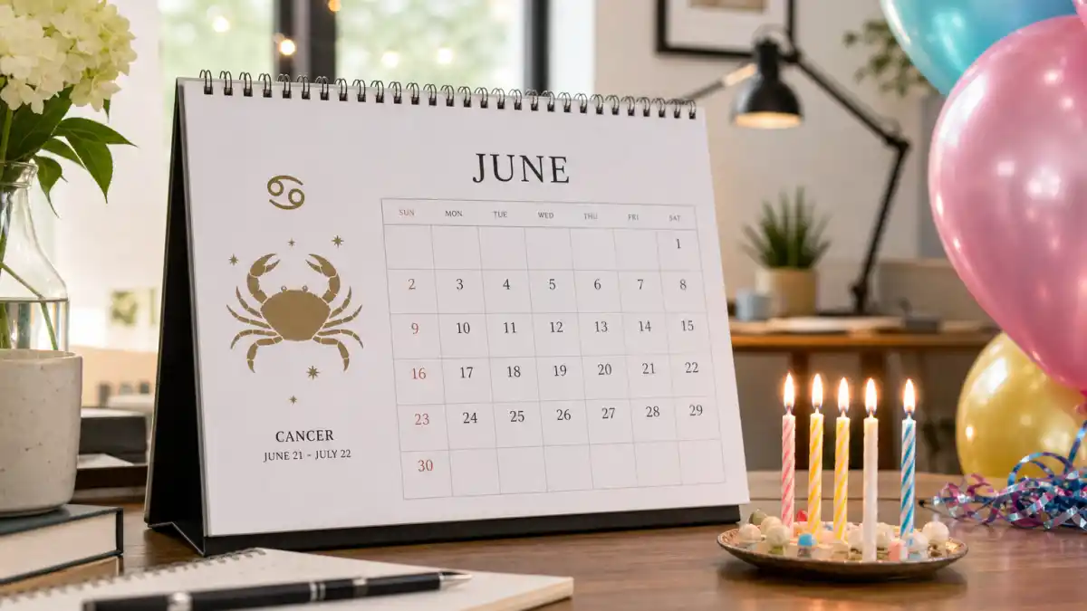 How old is Khloe Kardashian — desk calendar open to June with Cancer zodiac decorations marking her birthday birth date