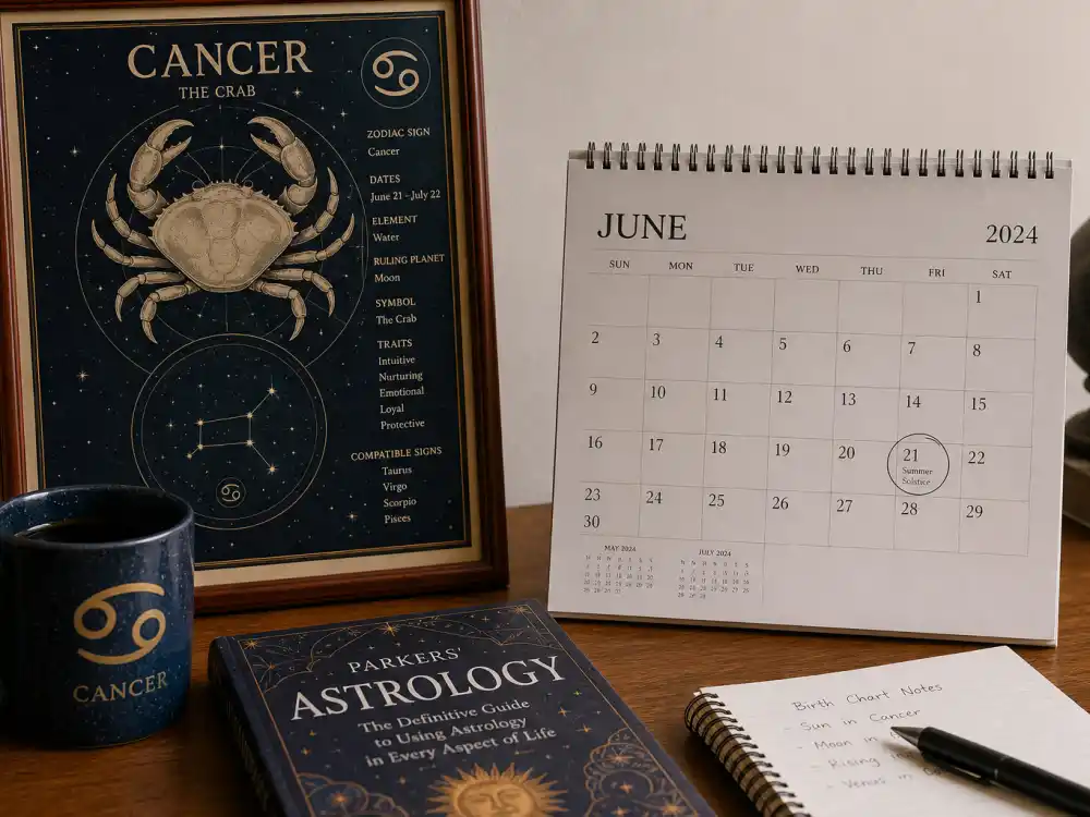 Cancer zodiac chart beside June calendar for how old is Khloe Kardashian — June 27 birth date places her under the Cancer sign in Western astrology