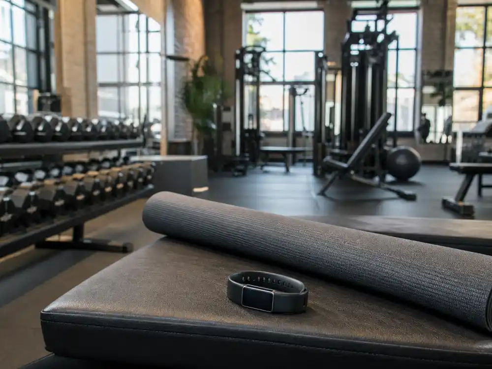 Modern gym with fitness equipment reflecting how old is Khloe Kardashian at wellness milestones — transformation and Good American brand era in her thirties and forties